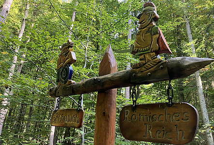 Wegweiser im Wald auf dem Limesrundweg. Einer der beiden Pfeile zeigt in Richtung des römischen Reiches, der andere Richtung Germanien.