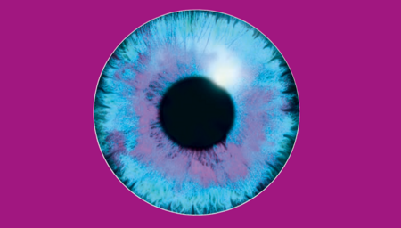 Logo der visionale: Blaue Iris auf violettem Hintergrund.