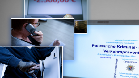 Bildschirm und drei Bilder zu Bankautomat, telefonieren und Einbruch