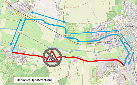 Die gesperrte Strecke und die Umleitungsstrecke  auf der Karte