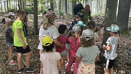 Eine Gruppe Kinder, die durch den Wald läuf