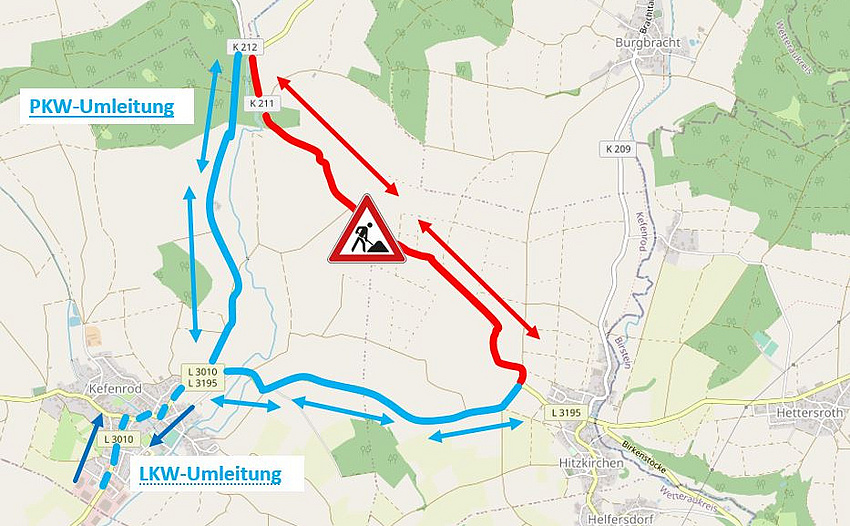 Die Grafik zeigt sowohl die Umleitung für PKW als auch für LKW.